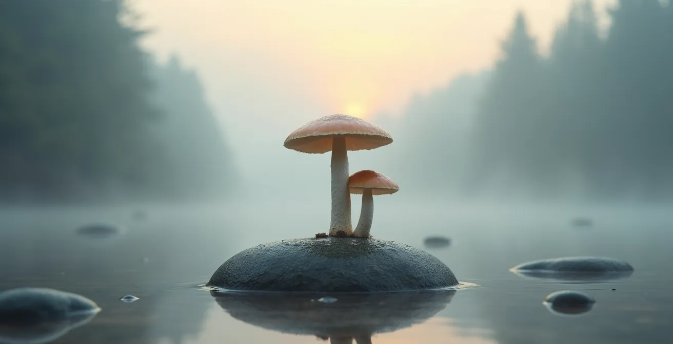 Composizione minimalista di funghi in ambiente naturale sereno