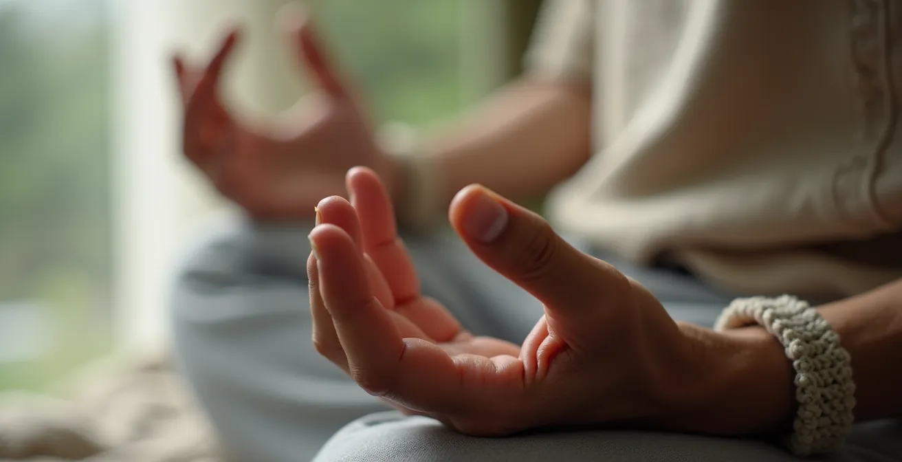 Mani in posizione meditativa con focus su texture della pelle