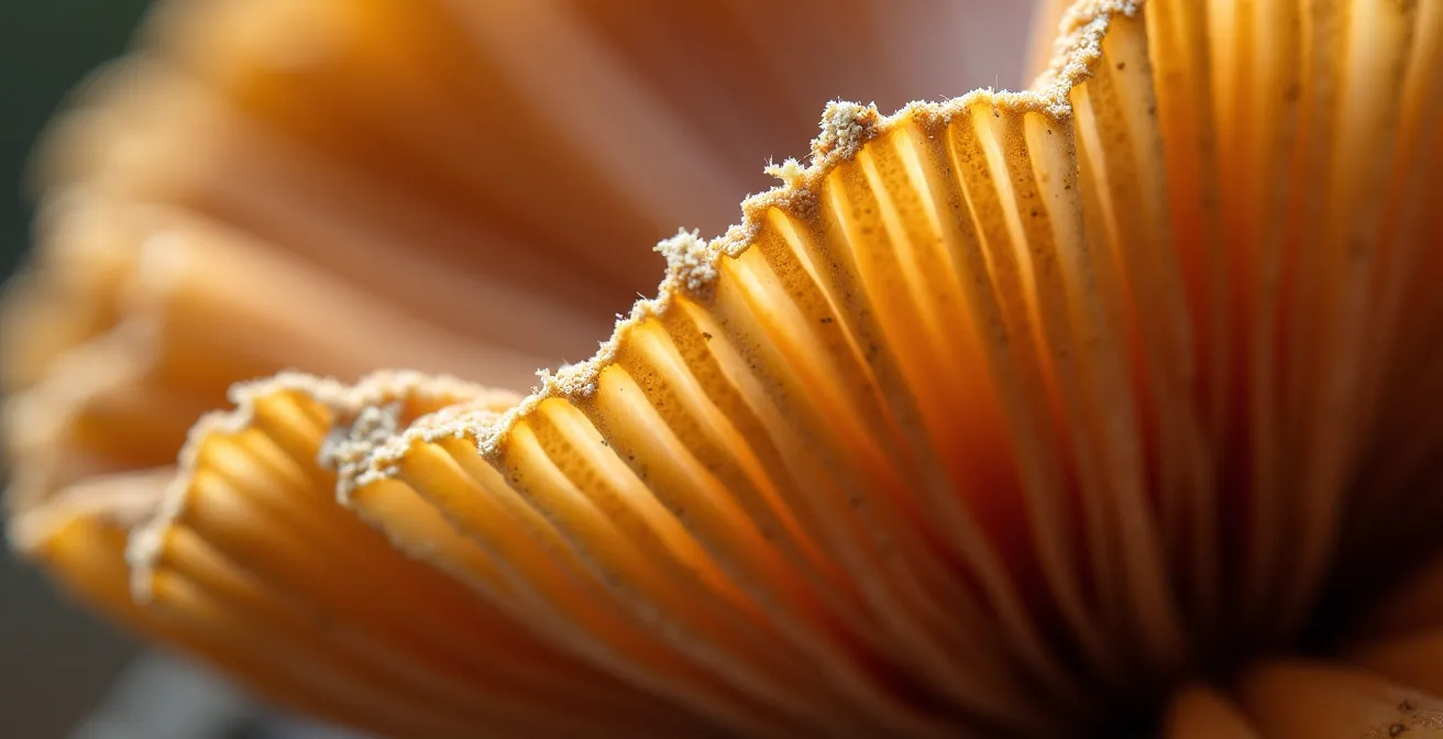 Dettaglio macro di lamelle di fungo con texture organiche