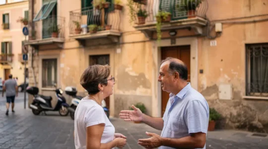 Due persone discutono davanti a un edificio residenziale italiano con balconi in ferro battuto