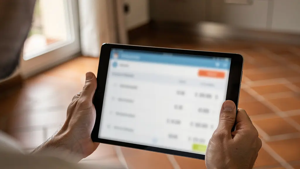 Persona calcola commissioni su tablet in ambiente domestico italiano con piastrelle terracotta