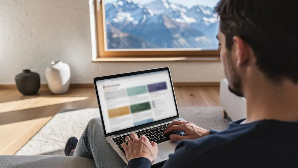 Persona ricerca agenti immobiliari su laptop in ambiente domestico luminoso con vista montagne