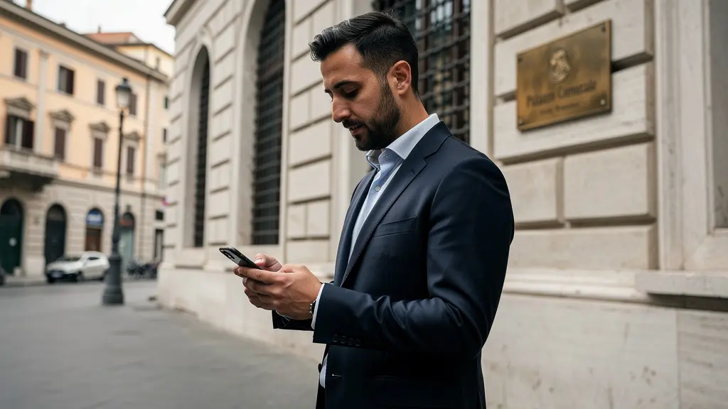 Professionista consulta smartphone davanti a edificio istituzionale italiano per verificare iscrizione agente